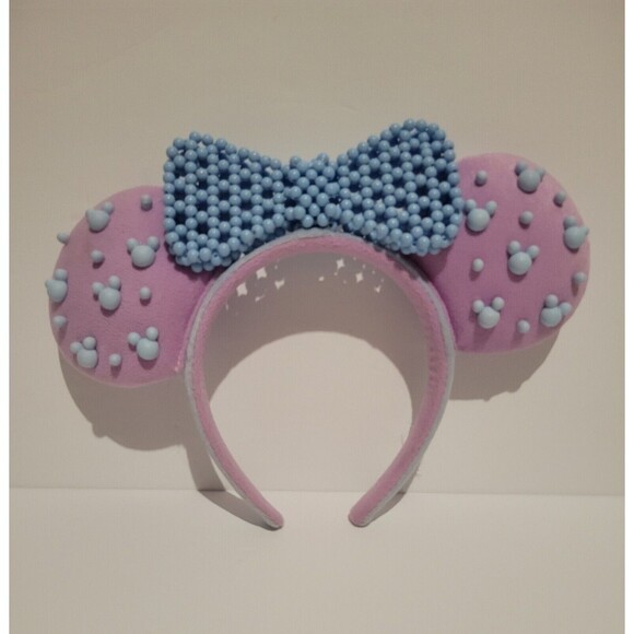 Disney Minnie Mouse Pink Ears Beaded Baby Blue Bow - Picture 1 of 9